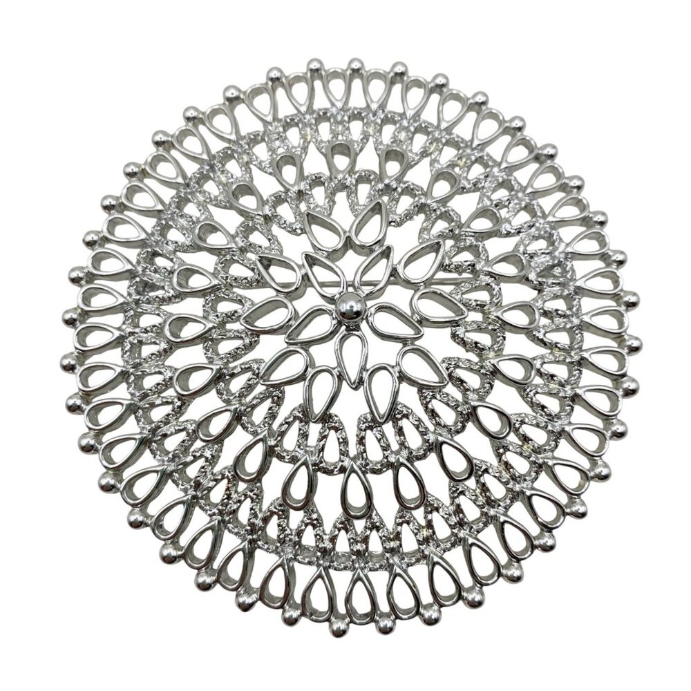 Sarah Coventry Silver Tone Filigree Round Brooch Pin Venetian Lace 2.5" Vintage
